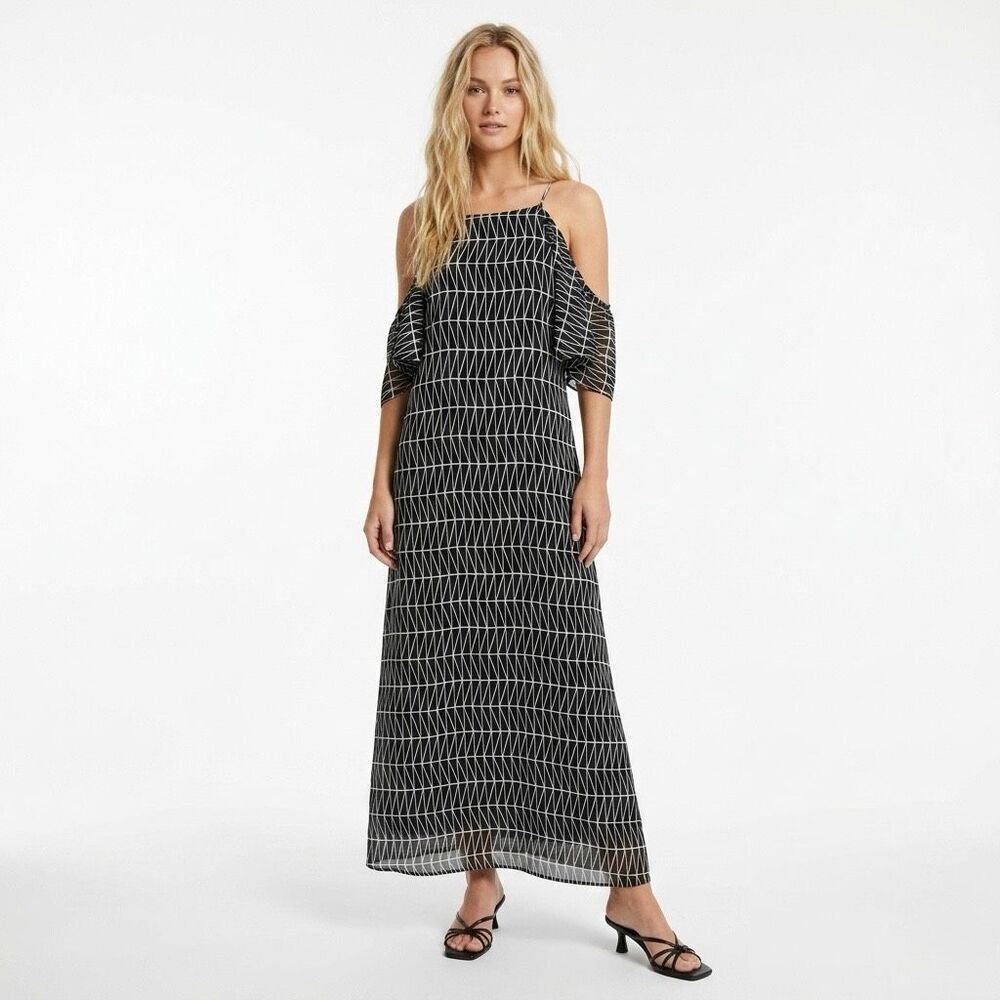 Banana Republic Black White Geometric Cold Shoulder Ruffle Halter Maxi Dress 6
